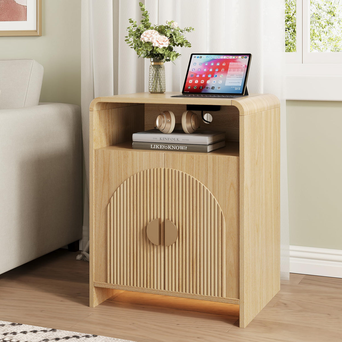 Nightstand with Charging Station and LED Lights, Natural Night Stands
