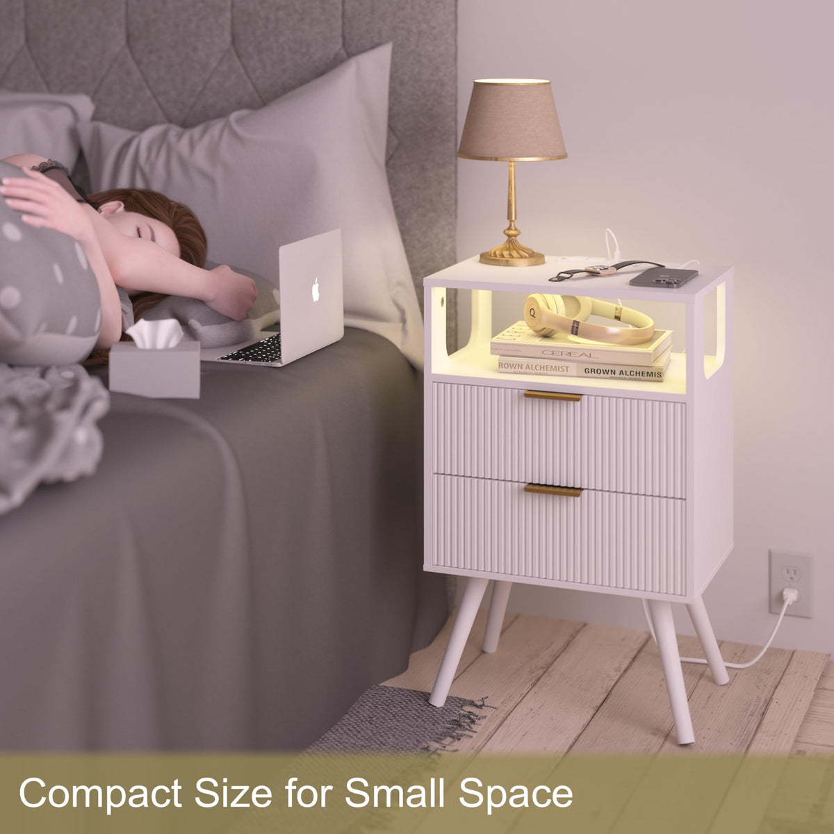 JOONEE White Nightstand with Charging Station and LED Lights,Modern Bedside Table with 2 Storage Drawer and Open Wood Shelf, for Bedroom and Small Spaces,Night Stand with Solid Wood Legs,White