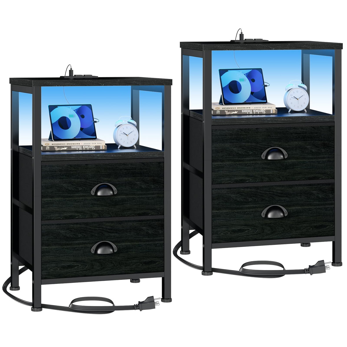 Furologee Nightstands Set of 2, End Tables with Charging Station and LED Lights, Black Night Stands with 2 Fabric Drawers, Bedside Tables Set of 2 for Living Room/Bedroom,Black Oak