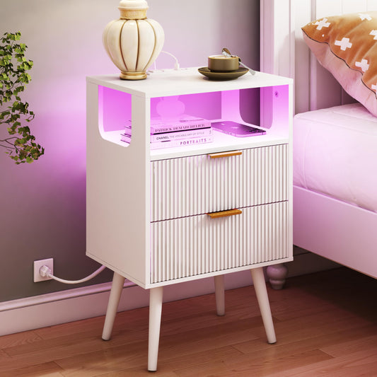 JOONEE White Nightstand with Charging Station and LED Lights,Modern Bedside Table with 2 Storage Drawer and Open Wood Shelf, for Bedroom and Small Spaces,Night Stand with Solid Wood Legs,White