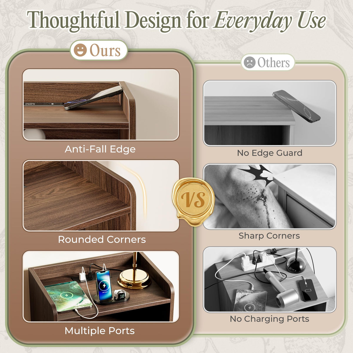 Huuger Nightstand with Charging Station, USB-C Port, End Table