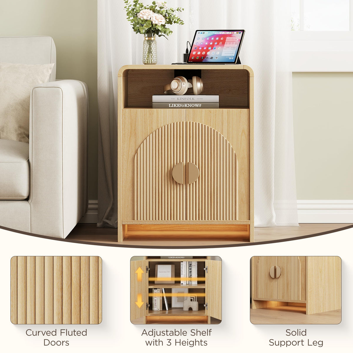 Nightstand with Charging Station and LED Lights, Natural Night Stands