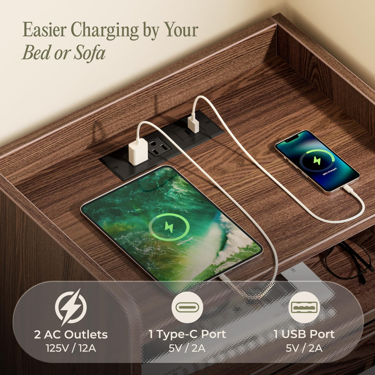 Huuger Nightstand with Charging Station, USB-C Port, End Table