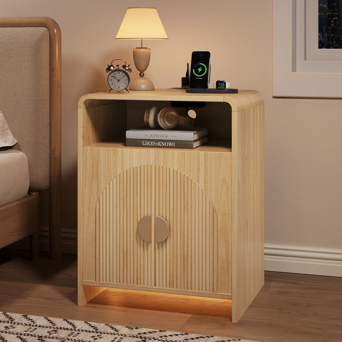 Nightstand with Charging Station and LED Lights, Natural Night Stands