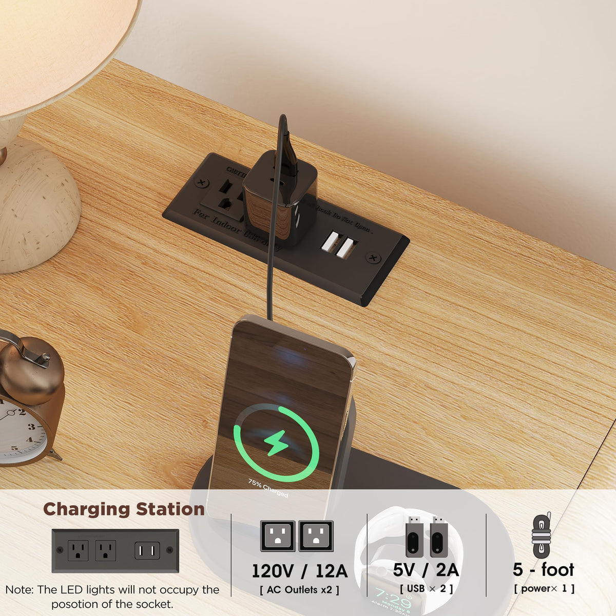 Nightstand with Charging Station and LED Lights, Natural Night Stands