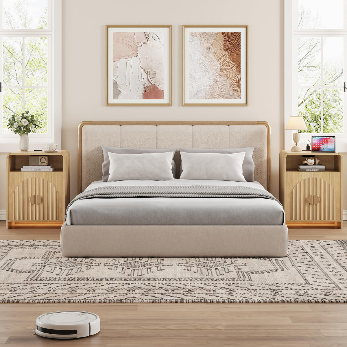 Nightstand with Charging Station and LED Lights, Natural Night Stands