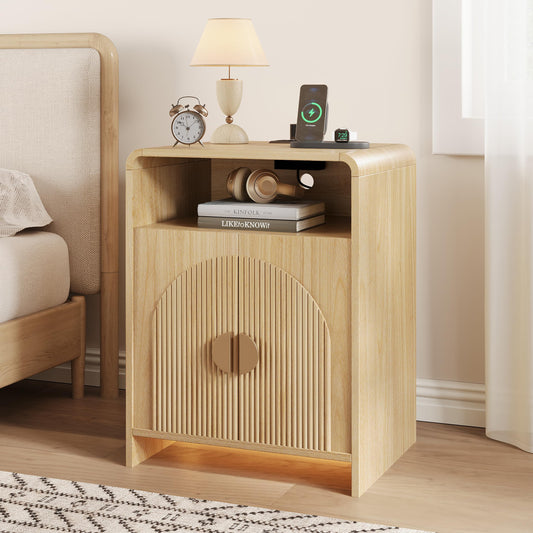 Nightstand with Charging Station and LED Lights, Natural Night Stands