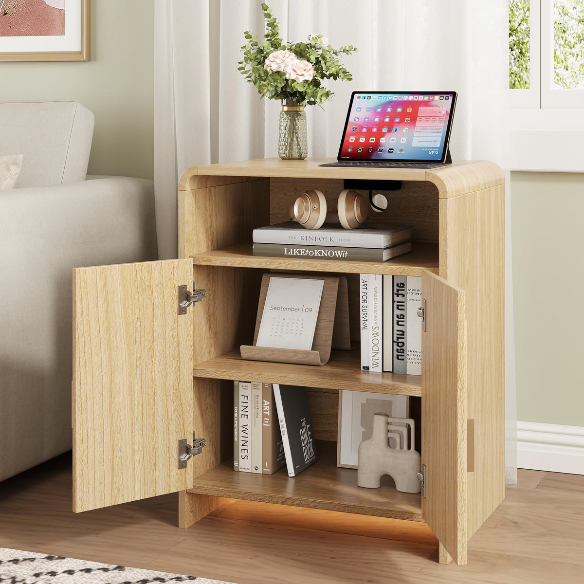 Nightstand with Charging Station and LED Lights, Natural Night Stands