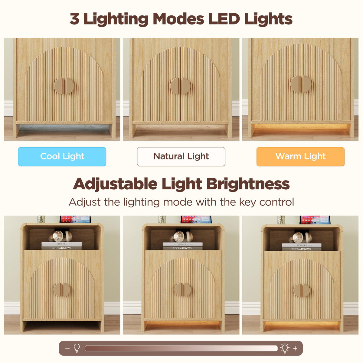 Nightstand with Charging Station and LED Lights, Natural Night Stands
