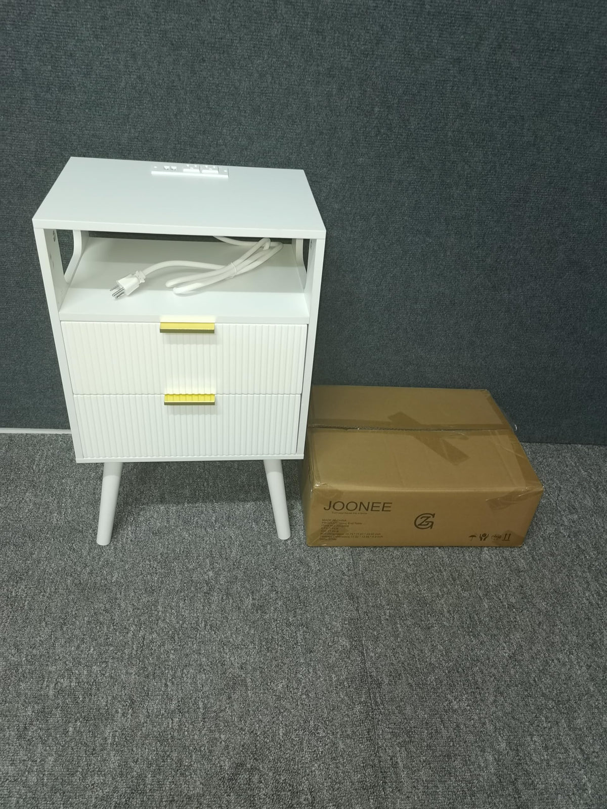 JOONEE White Nightstand with Charging Station and LED Lights,Modern Bedside Table with 2 Storage Drawer and Open Wood Shelf, for Bedroom and Small Spaces,Night Stand with Solid Wood Legs,White